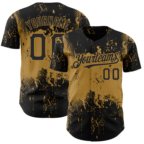 Custom Black Old Gold 3D Pattern Design Abstract Splatter Grunge Art Authentic Baseball Jersey