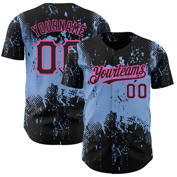 Custom Black Light Blue-Pink 3D Pattern Design Abstract Splatter Grunge Art Authentic Baseball Jersey