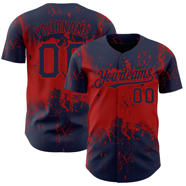 Custom Navy Red 3D Pattern Design Abstract Splatter Grunge Art Authentic Baseball Jersey