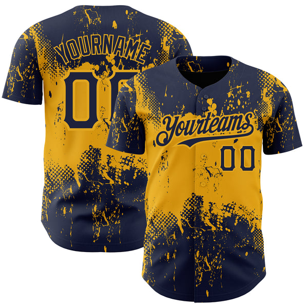Custom Navy Gold 3D Pattern Design Abstract Splatter Grunge Art Authentic Baseball Jersey