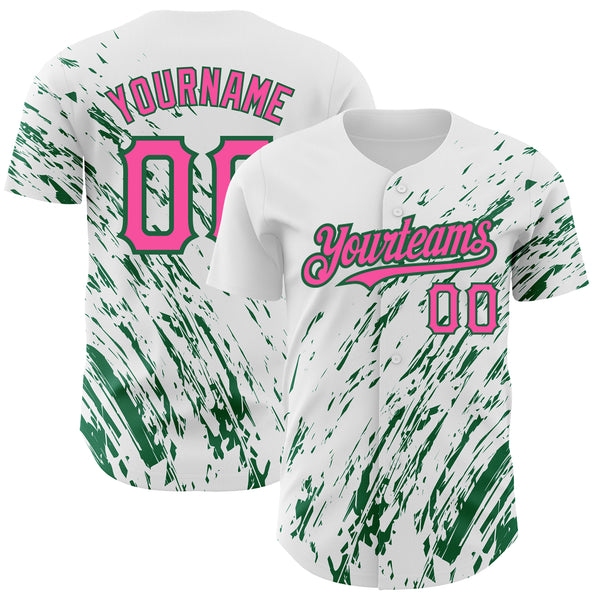 Custom White Pink-Kelly Green 3D Pattern Design Abstract Splash Authentic Baseball Jersey