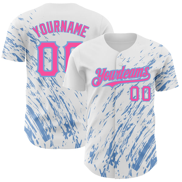 Custom White Pink-Light Blue 3D Pattern Design Abstract Splash Authentic Baseball Jersey