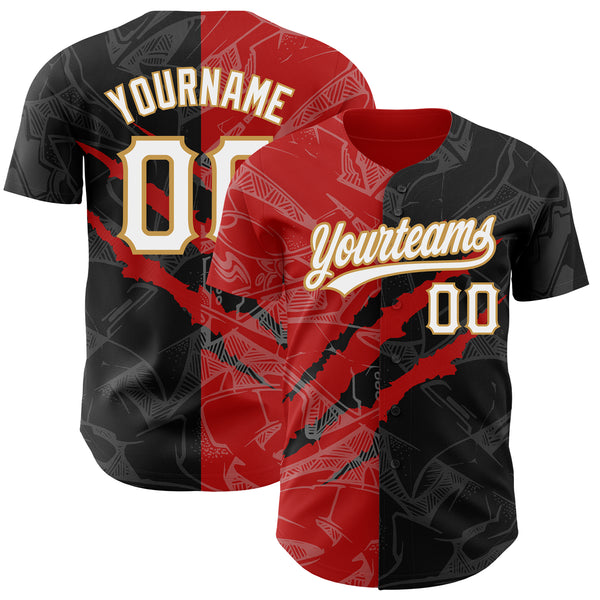 Custom Graffiti Pattern Black Red-Old Gold 3D Scratch Authentic Baseball Jersey