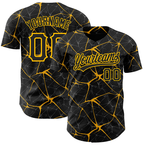 Custom Black Gold 3D Pattern Design Abstract Network Authentic Baseball Jersey