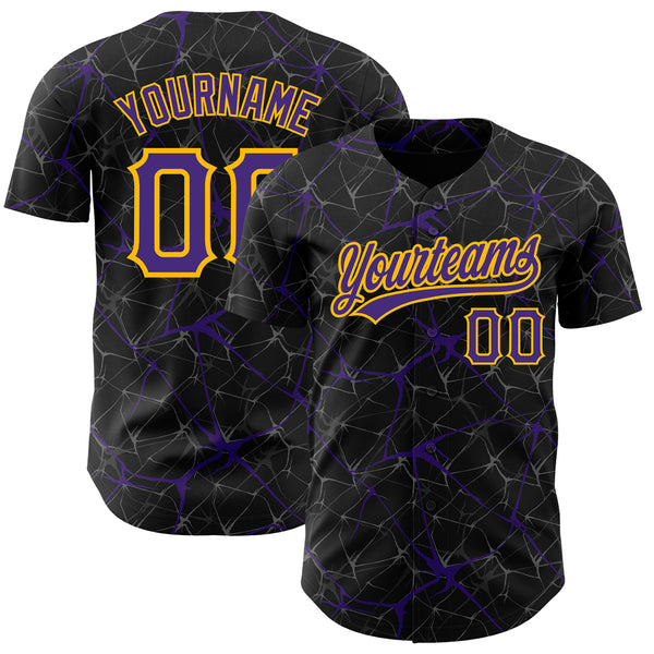 Custom Black Purple-Gold 3D Pattern Design Abstract Network Authentic Baseball Jersey