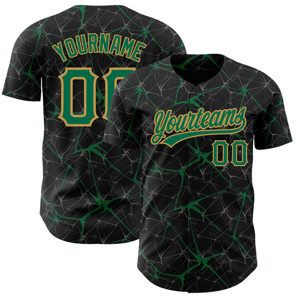 Custom Black Kelly Green-Old Gold 3D Pattern Design Abstract Network Authentic Baseball Jersey