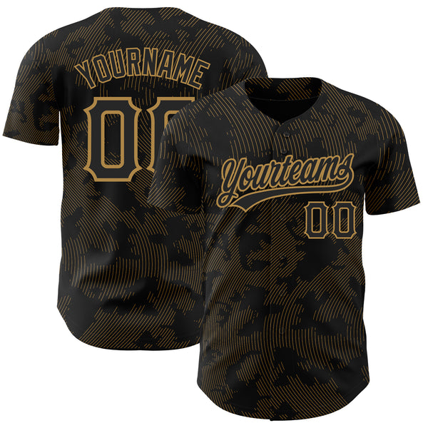 Custom Black Old Gold 3D Pattern Design Curve Lines Authentic Baseball Jersey