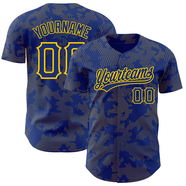 Custom Royal Yellow 3D Pattern Design Curve Lines Authentic Baseball Jersey