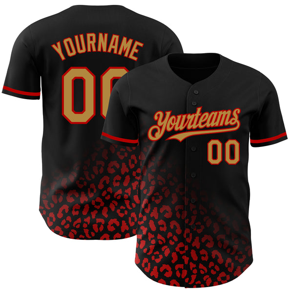 Custom Black Old Gold-Red 3D Pattern Design Leopard Print Fade Fashion Authentic Baseball Jersey