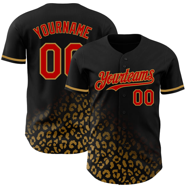 Custom Black Red-Old Gold 3D Pattern Design Leopard Print Fade Fashion Authentic Baseball Jersey