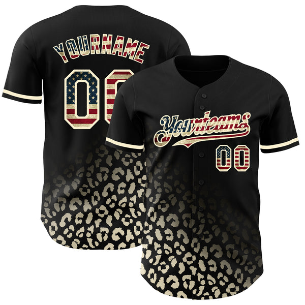 Custom Black Vintage USA Flag-Cream 3D Pattern Design Leopard Print Fade Fashion Authentic Baseball Jersey