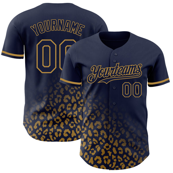 Custom Navy Old Gold 3D Pattern Design Leopard Print Fade Fashion Authentic Baseball Jersey