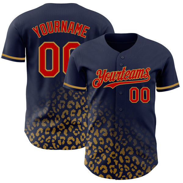 Custom Navy Red-Old Gold 3D Pattern Design Leopard Print Fade Fashion Authentic Baseball Jersey