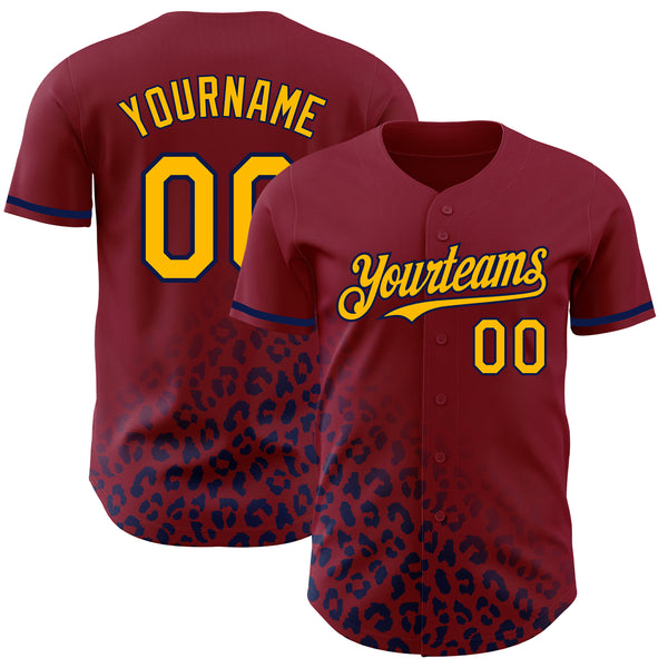 Custom Crimson Gold-Navy 3D Pattern Design Leopard Print Fade Fashion Authentic Baseball Jersey