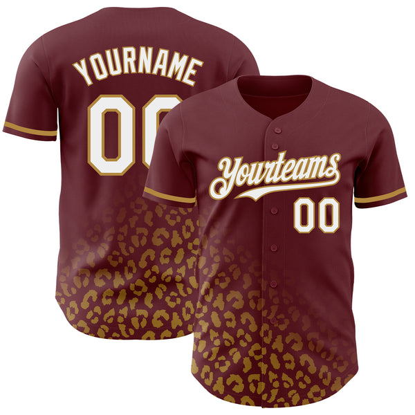 Custom Burgundy White-Old Gold 3D Pattern Design Leopard Print Fade Fashion Authentic Baseball Jersey