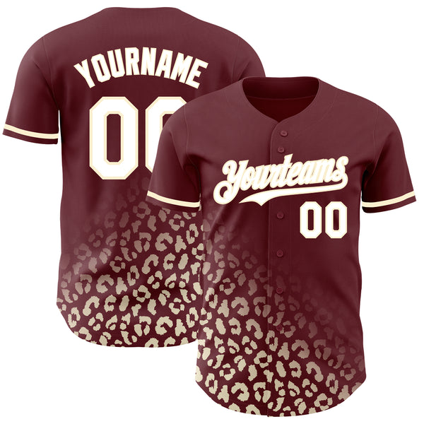 Custom Burgundy White-Cream 3D Pattern Design Leopard Print Fade Fashion Authentic Baseball Jersey