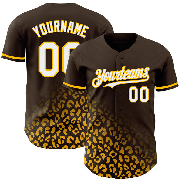 Custom Brown White-Gold 3D Pattern Design Leopard Print Fade Fashion Authentic Baseball Jersey