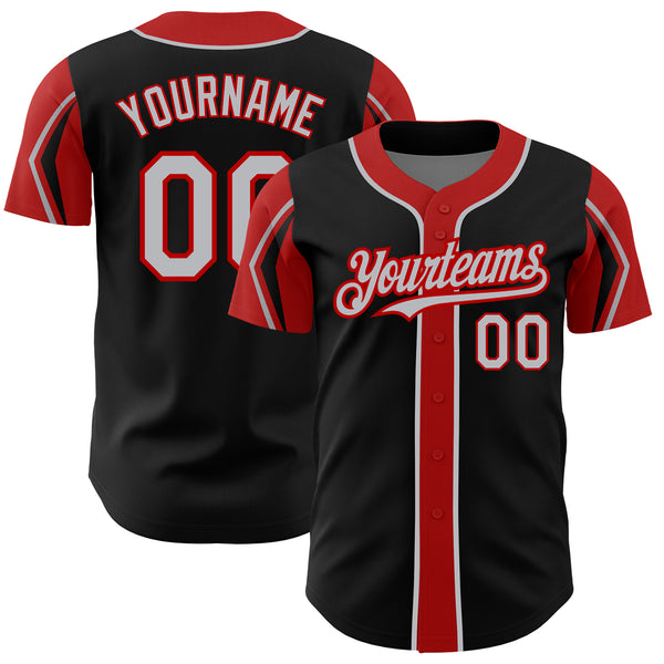 Custom Black Gray-Red 3 Colors Arm Shapes Authentic Baseball Jersey