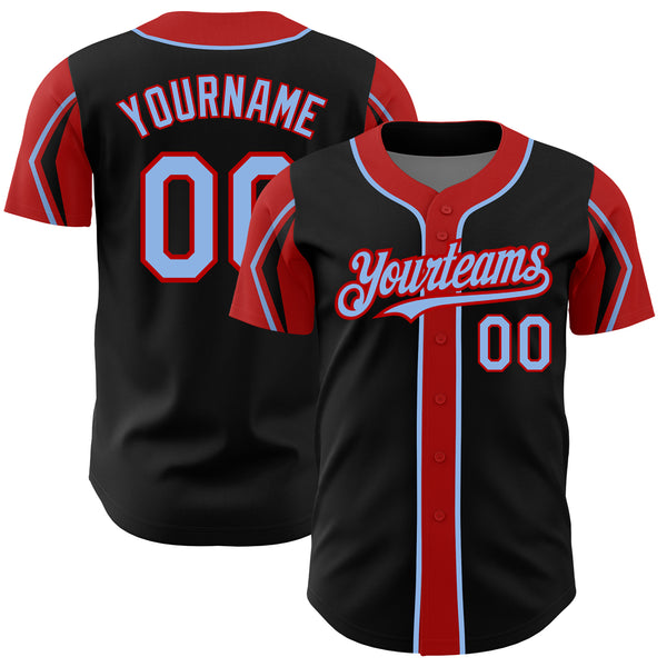 Custom Black Light Blue-Red 3 Colors Arm Shapes Authentic Baseball Jersey