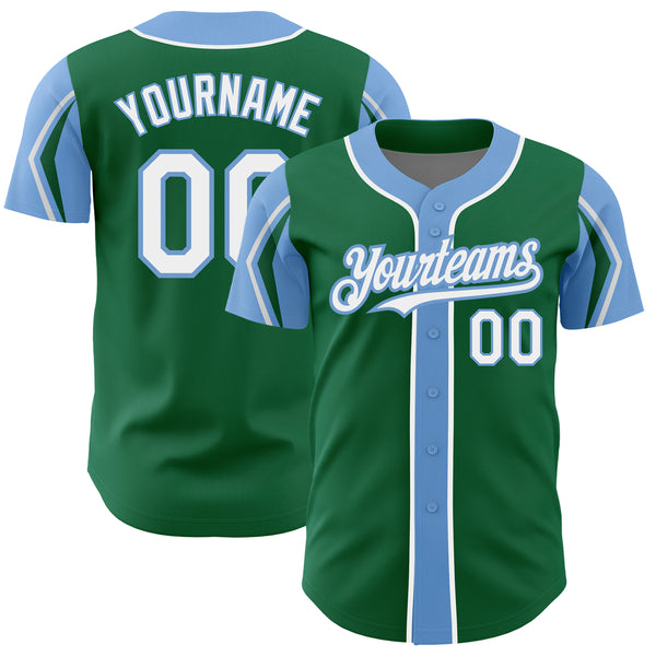 Custom Kelly Green White-Light Blue 3 Colors Arm Shapes Authentic Baseball Jersey