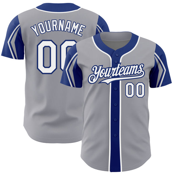 Custom Gray White-Royal 3 Colors Arm Shapes Authentic Baseball Jersey
