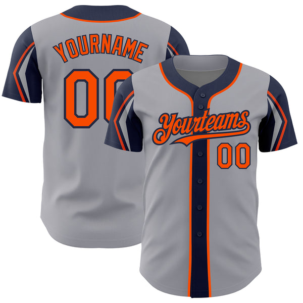 Custom Gray Orange-Navy 3 Colors Arm Shapes Authentic Baseball Jersey