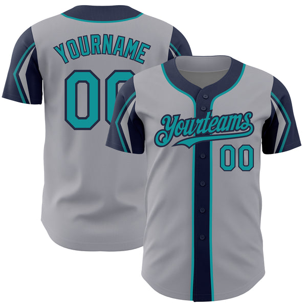 Custom Gray Teal-Navy 3 Colors Arm Shapes Authentic Baseball Jersey