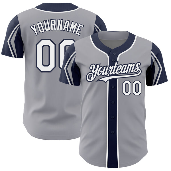 Custom Gray White-Navy 3 Colors Arm Shapes Authentic Baseball Jersey