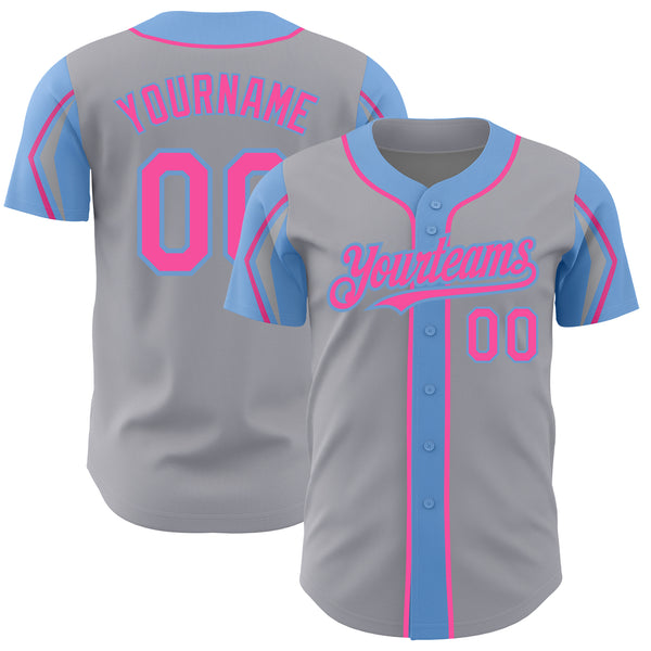 Custom Gray Pink-Light Blue 3 Colors Arm Shapes Authentic Baseball Jersey