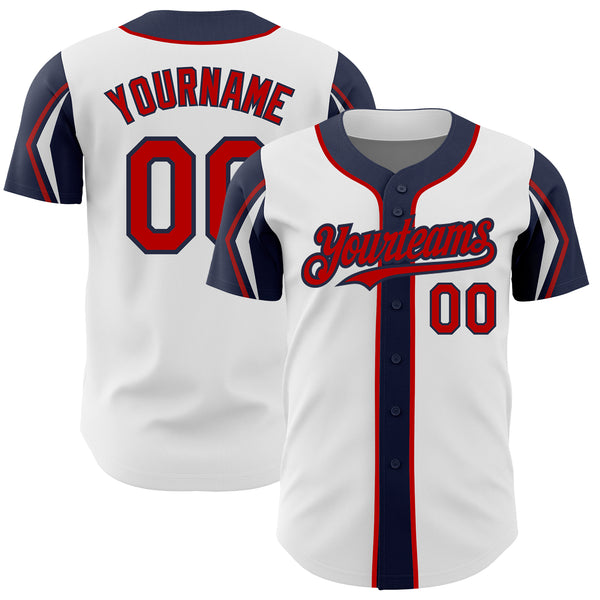 Custom White Red-Navy 3 Colors Arm Shapes Authentic Baseball Jersey