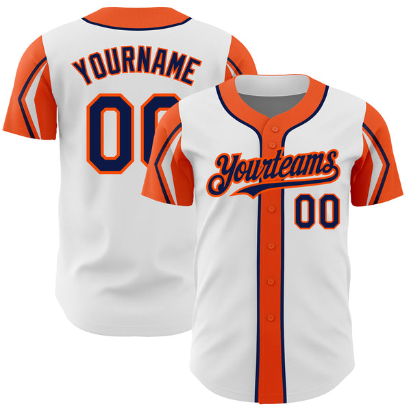 Custom White Navy-Orange 3 Colors Arm Shapes Authentic Baseball Jersey