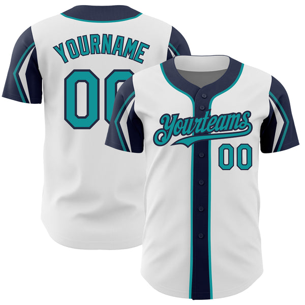 Custom White Teal-Navy 3 Colors Arm Shapes Authentic Baseball Jersey