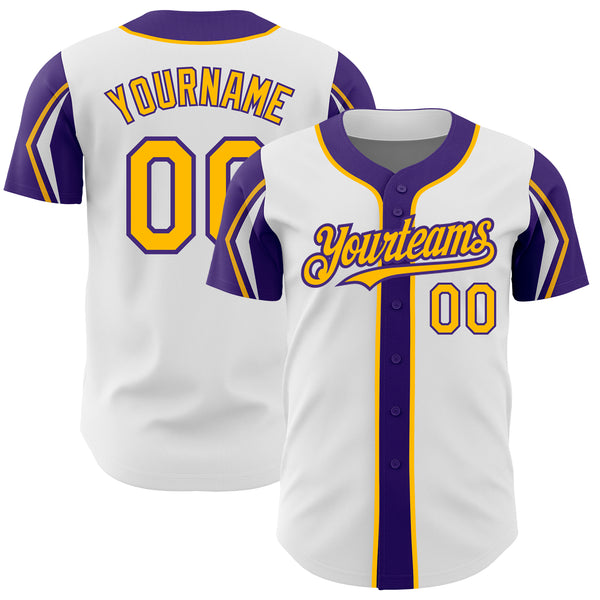 Custom White Gold-Purple 3 Colors Arm Shapes Authentic Baseball Jersey