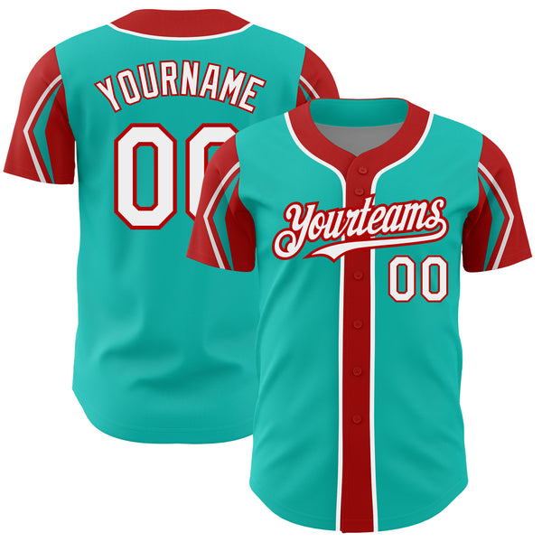 Custom Aqua White-Red 3 Colors Arm Shapes Authentic Baseball Jersey