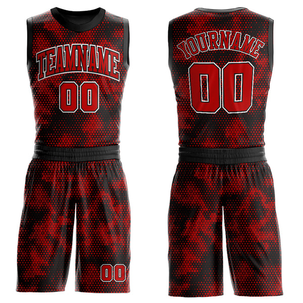 Custom Black Red-White Round Neck Sublimation Basketball Suit Jersey