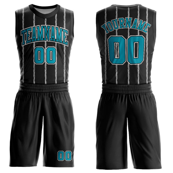 Custom Black Teal-White Round Neck Sublimation Basketball Suit Jersey