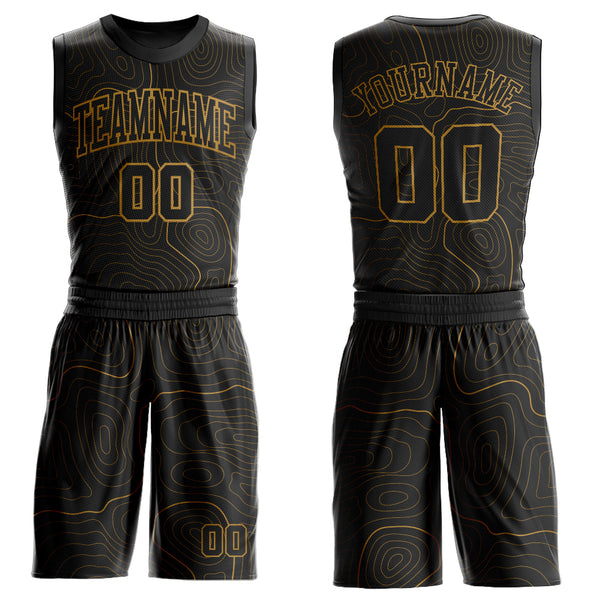Custom Black Old Gold Round Neck Sublimation Basketball Suit Jersey