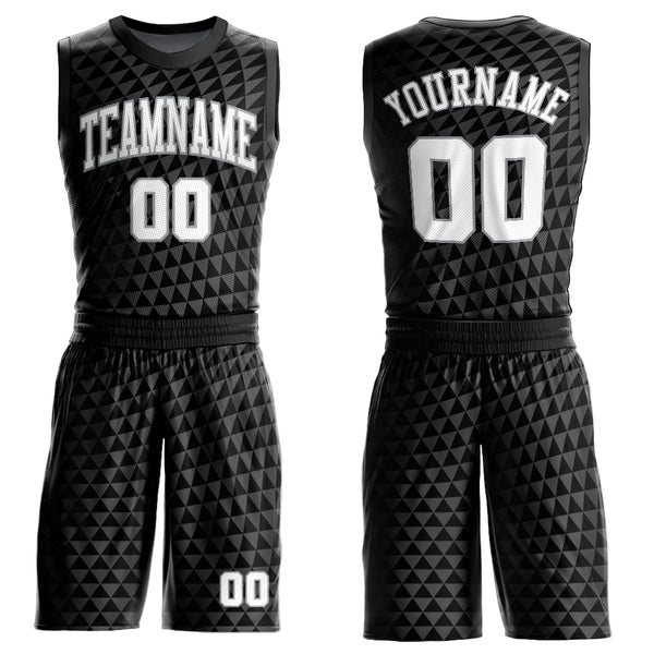 Custom Black White-Gray Triangle Shapes Round Neck Sublimation Basketball Suit Jersey