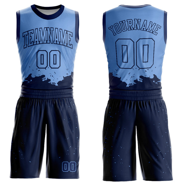 Custom Light Blue Navy Color Splash Round Neck Sublimation Basketball Suit Jersey