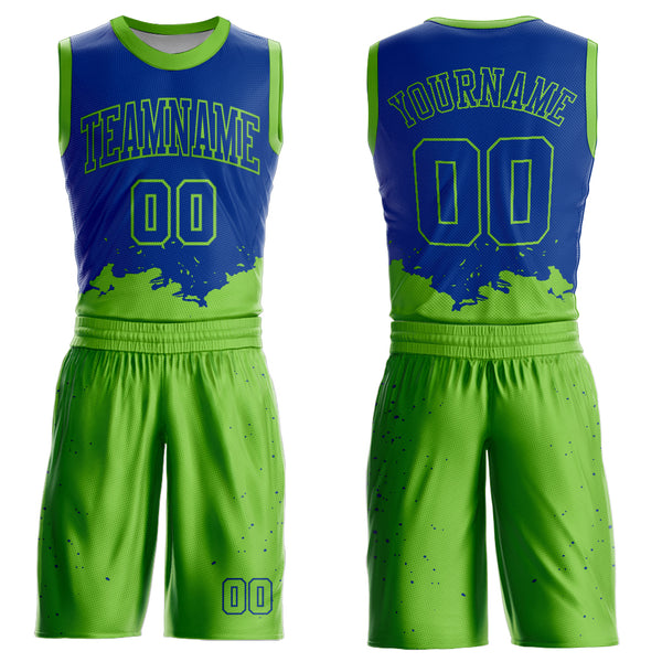 Custom Royal Neon Green Color Splash Round Neck Sublimation Basketball Suit Jersey