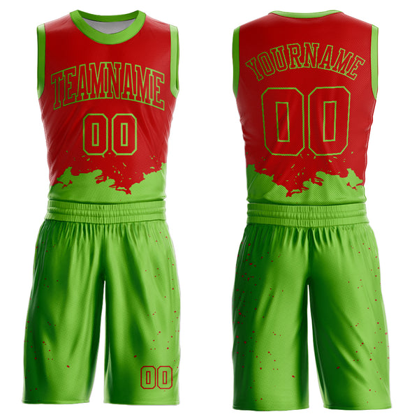 Custom Red Neon Green Color Splash Round Neck Sublimation Basketball Suit Jersey
