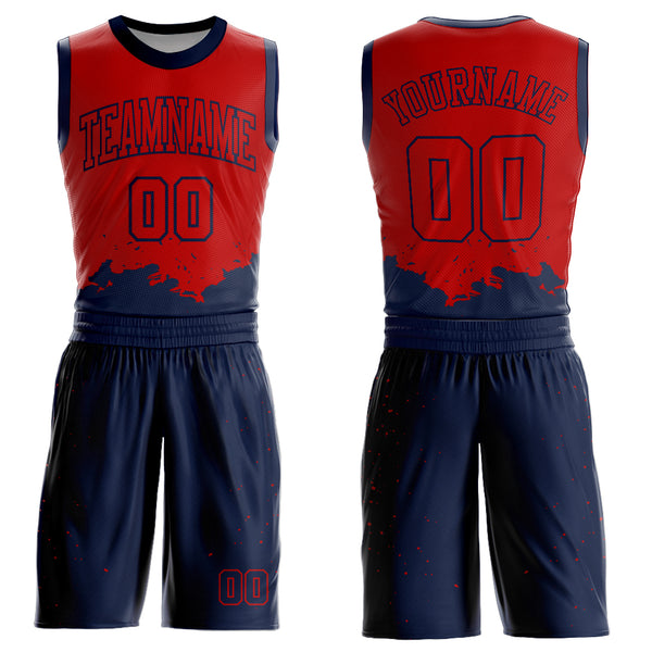 Custom Red Navy Color Splash Round Neck Sublimation Basketball Suit Jersey