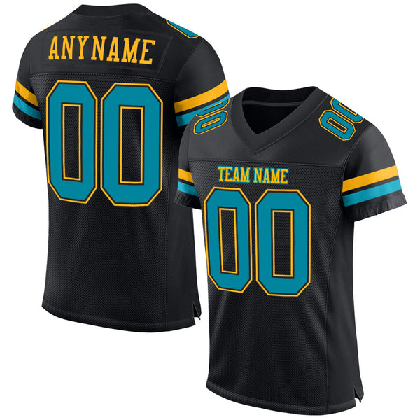 Custom Black Teal-Gold Mesh Authentic Football Jersey