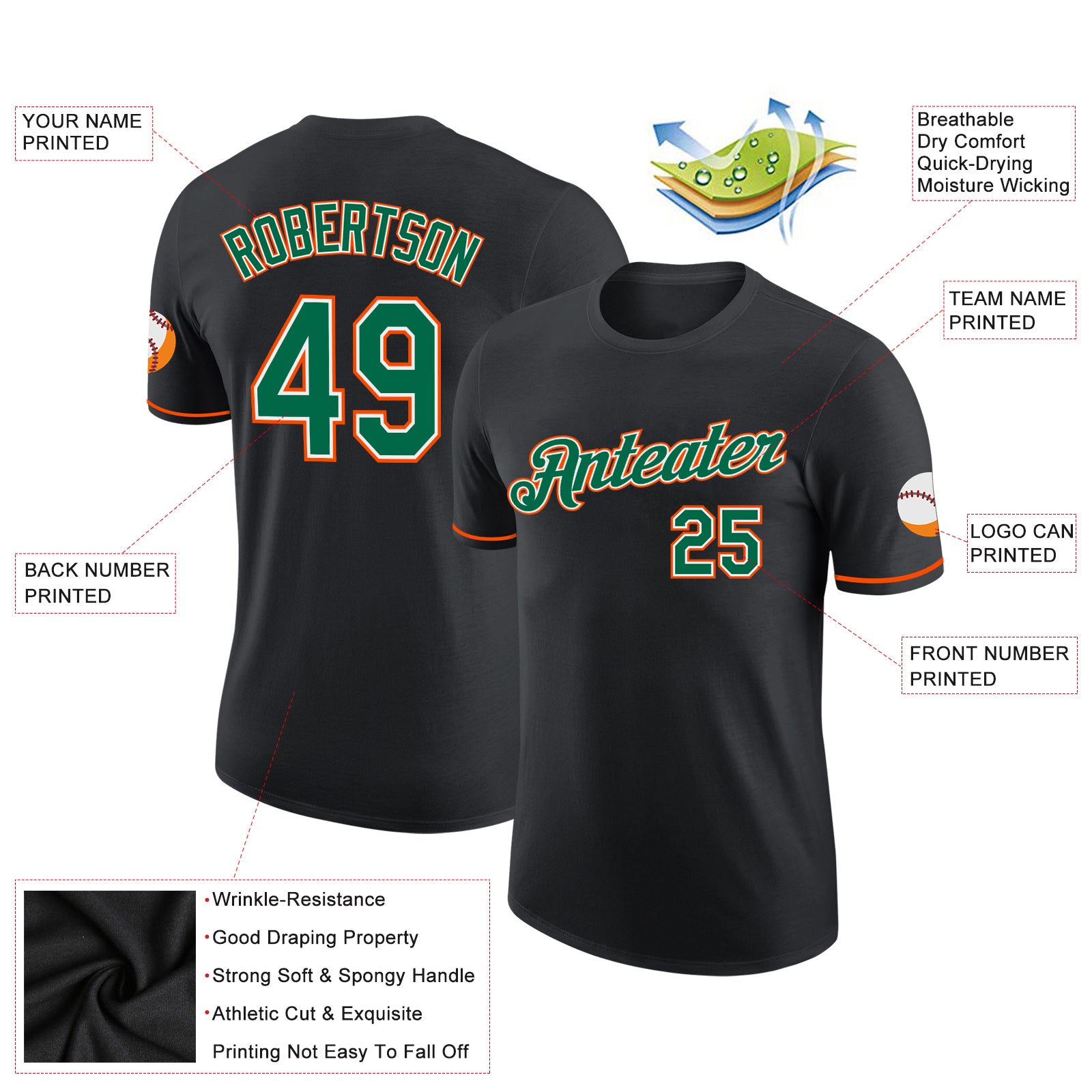 Custom Black Kelly Green-Orange Performance T-Shirt