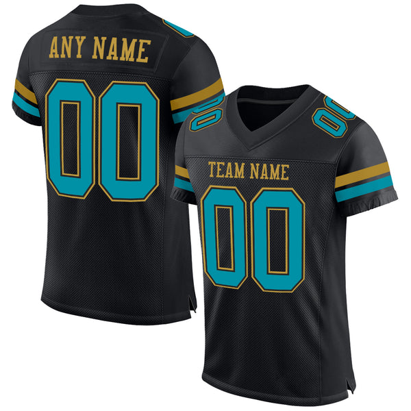 Custom Black Teal-Old Gold Mesh Authentic Football Jersey