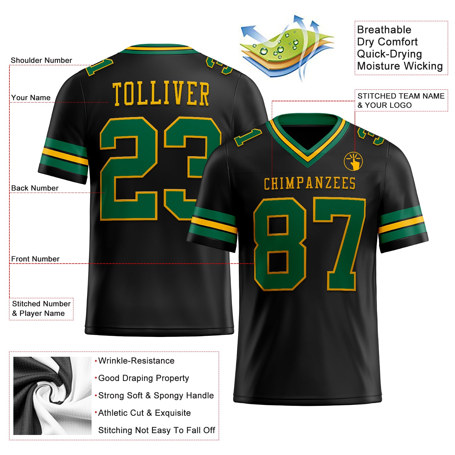 Custom Black Kelly Green-Gold Authentic Football Jersey