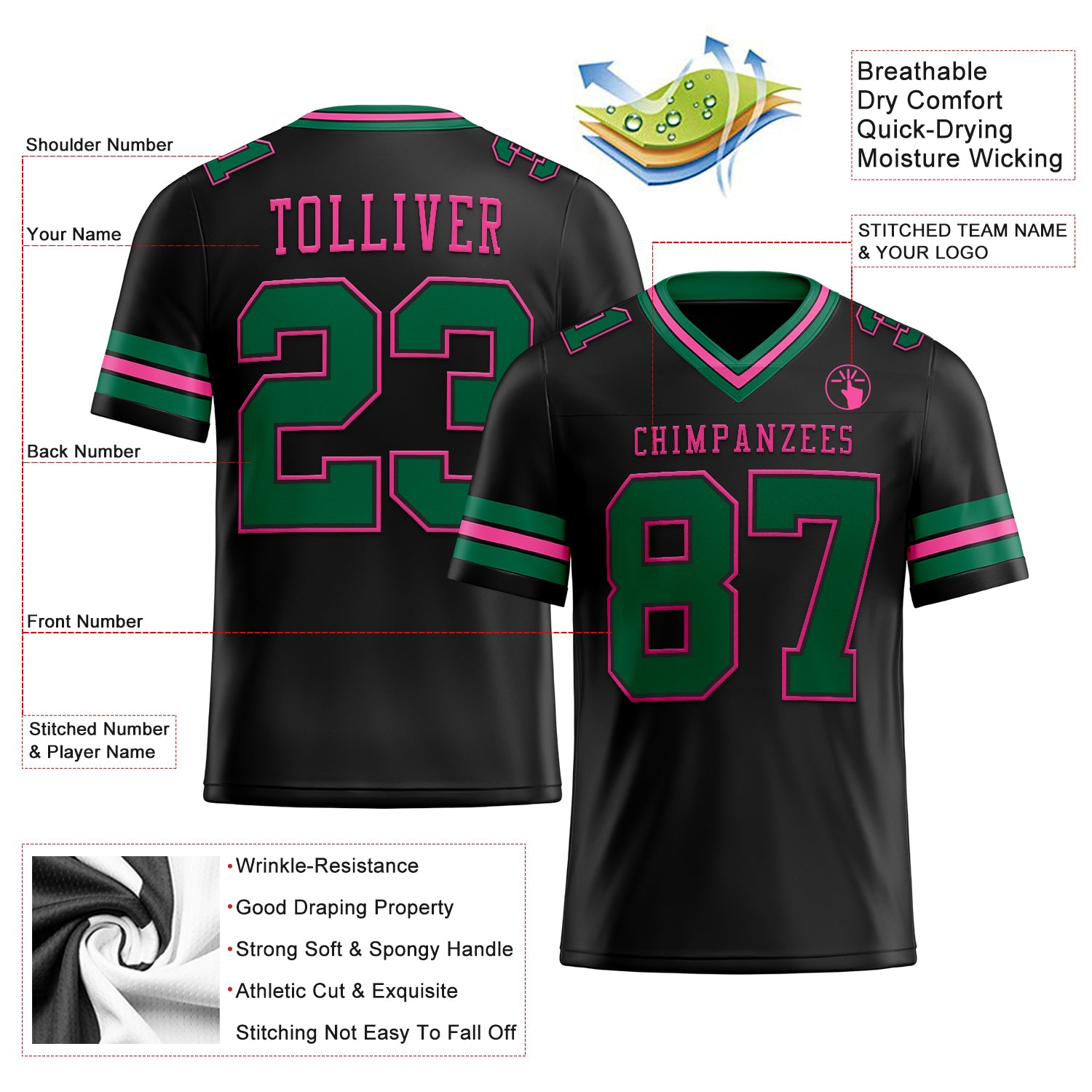 Custom Black Kelly Green-Pink Authentic Football Jersey