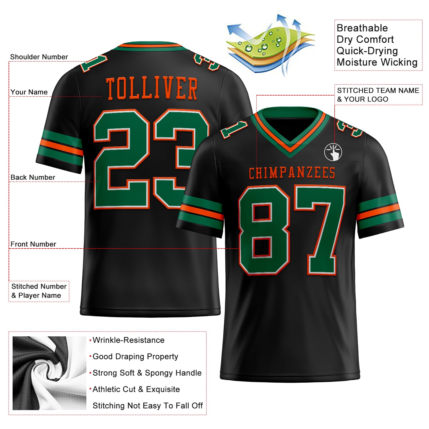 Custom Black Kelly Green-Orange Authentic Football Jersey