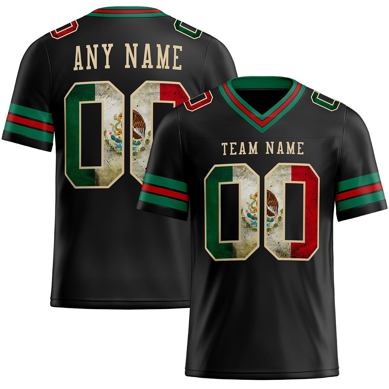 Custom Black Vintage Mexican Flag Kelly Green Red-City Cream Authentic Football Jersey
