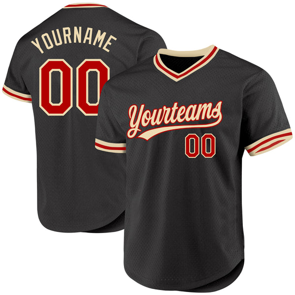 Custom Black Red-Cream Authentic Throwback Baseball Jersey